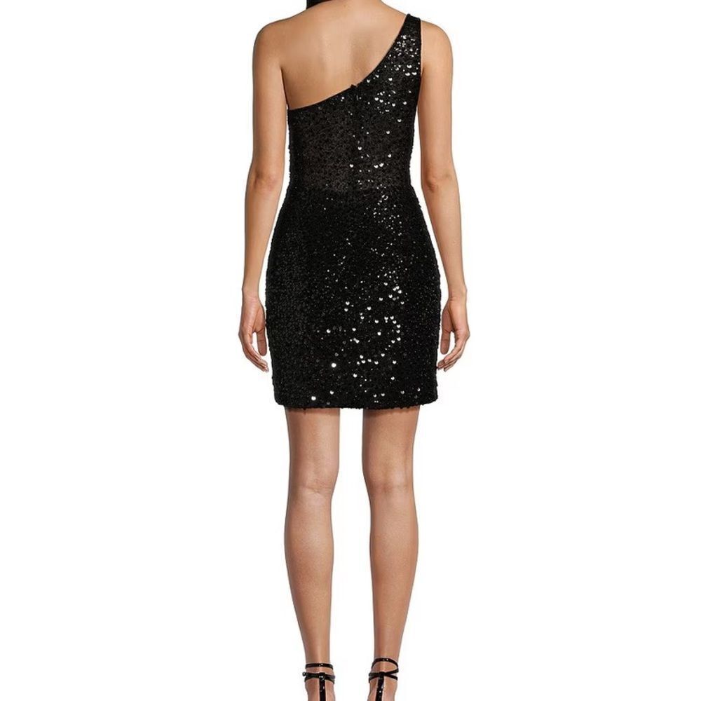 Elegant GB Black Sequin One-Shoulder Dress Prom Homecoming Little Black Dress - Picture 2 of 5